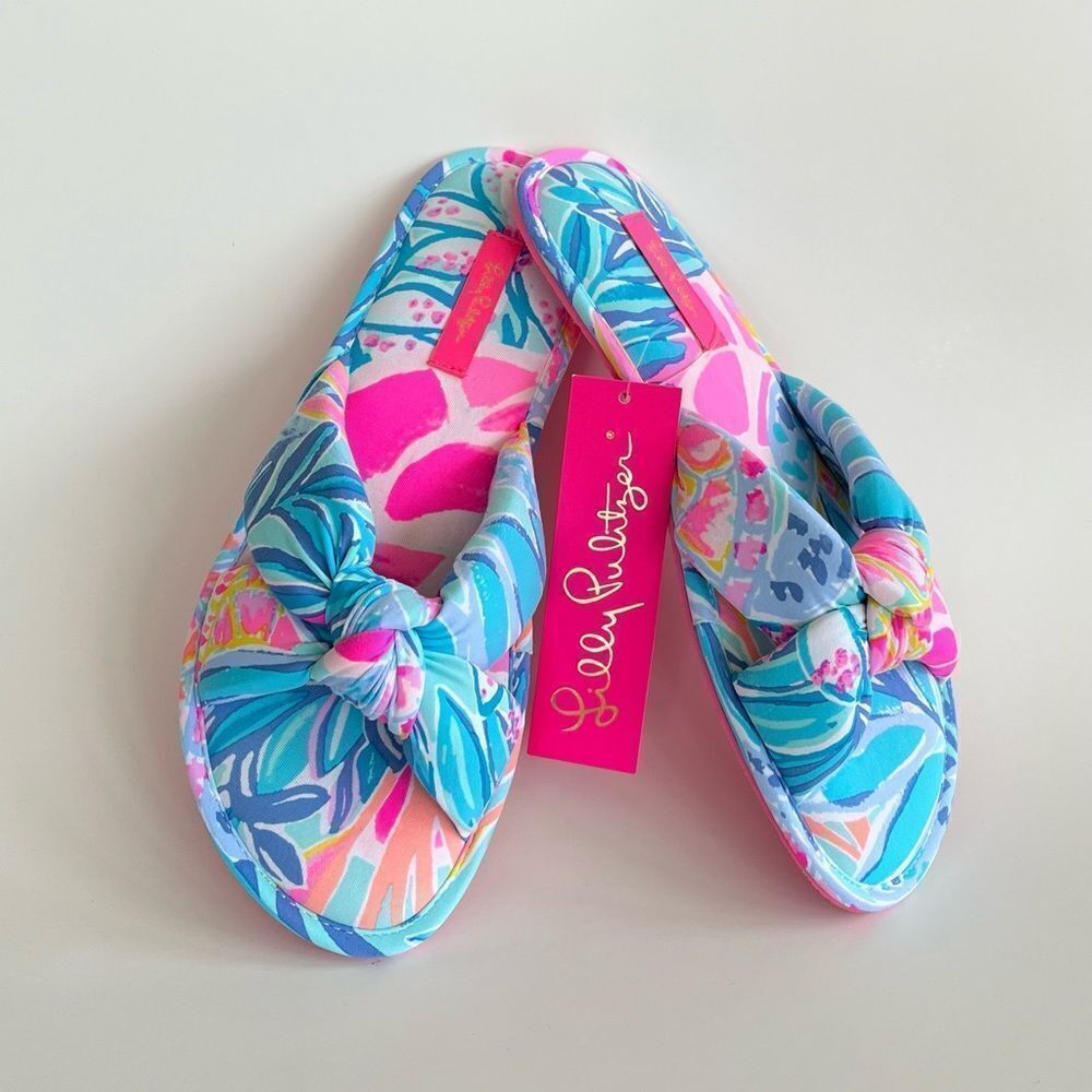 Lilly Pulitzer Pool Slippers Pink Sea Glass Aqua Rainforest Retreat S/M Size 7-8